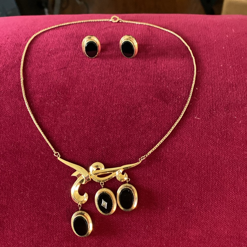 12k Gold Filled Black Onyx Necklace with small diamond and matching earrings